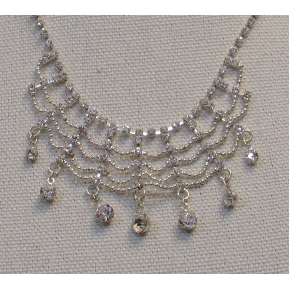 Silver Tone Clear Beaded Collar Necklace Retro Victorian Witchy Whimsygoth HOCO - Picture 6 of 10